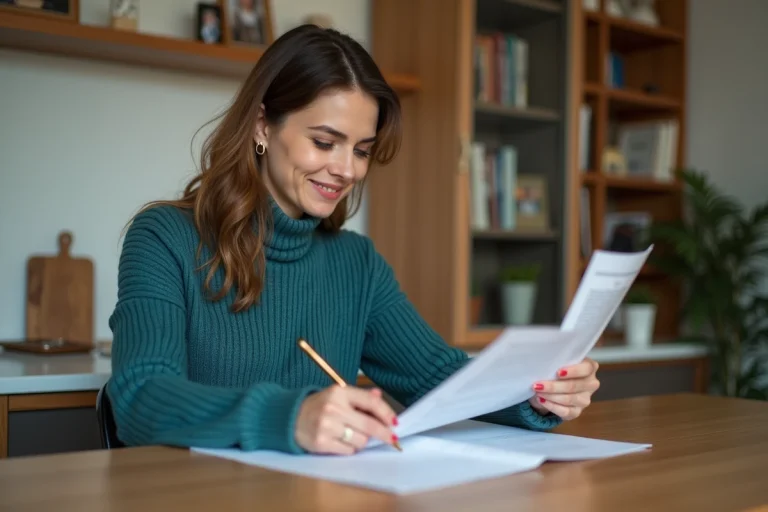Femme souriante vérifiant des documents à la maison