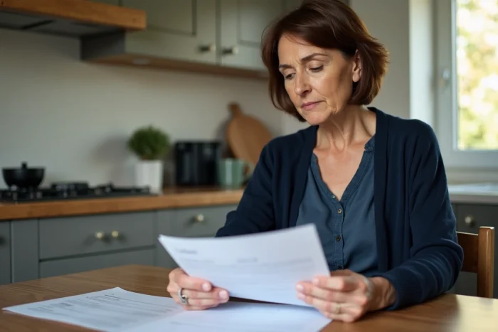 Femme d'âge moyen examinant des papiers d'invalidité dans la cuisine