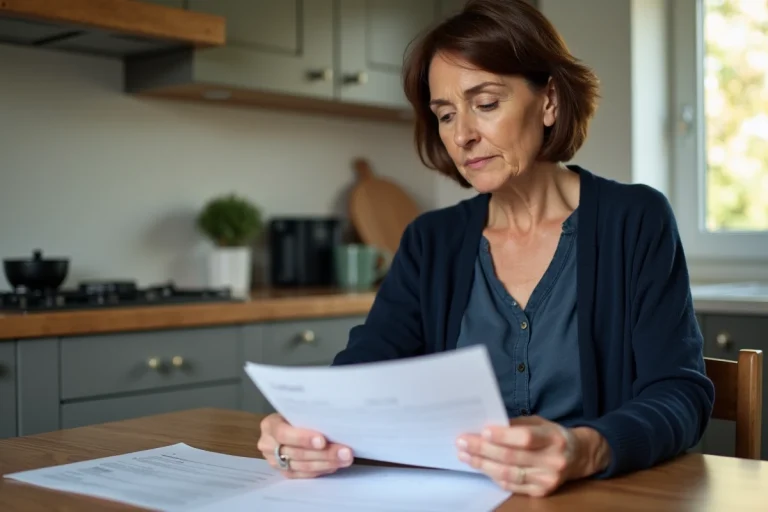 Femme d'âge moyen examinant des papiers d'invalidité dans la cuisine