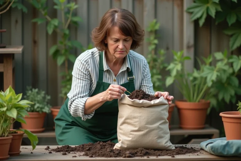 Femme examinant un terreau périmé entre ses doigts dans un jardin, reconnaissant les signes de détérioration du substrat