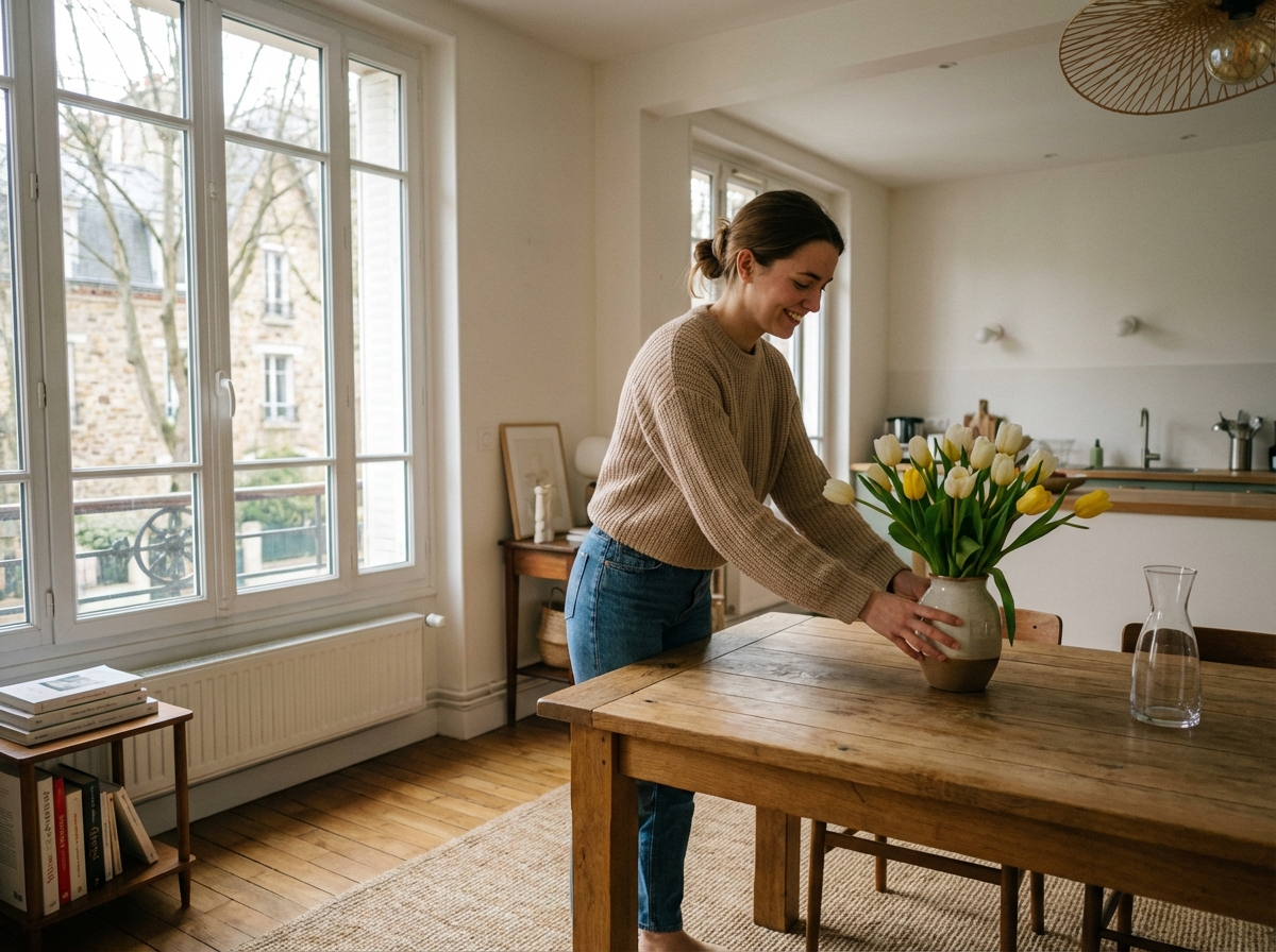 Jeune femme arrangeant des fleurs dans une maison lumineuse