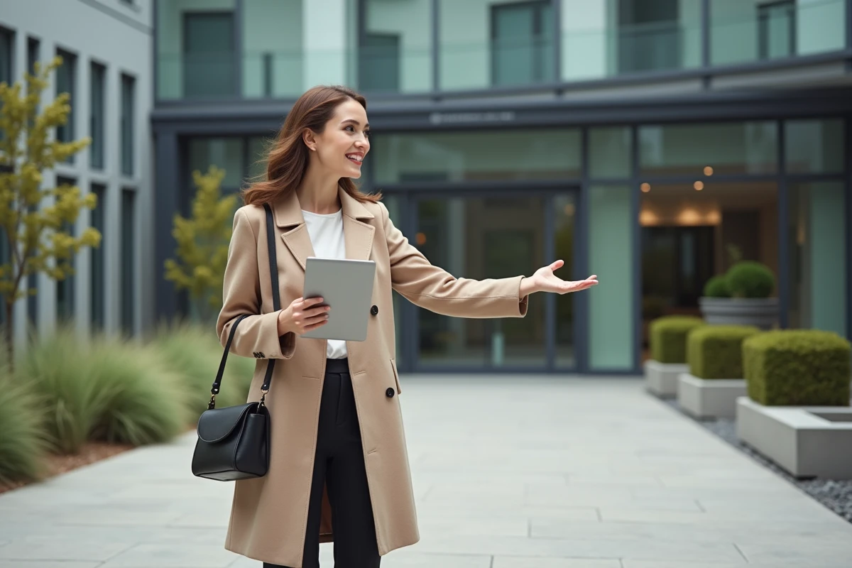 Jeune femme avec tablette devant un immeuble moderne