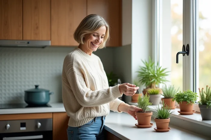 Femme dans la cuisine moderne arrangeant des plantes