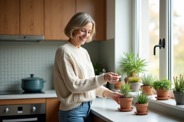 Femme dans la cuisine moderne arrangeant des plantes