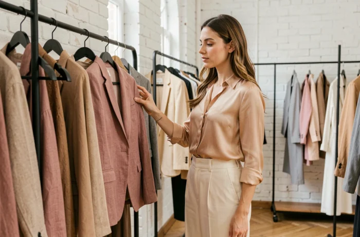 Femme élégante explorant une collection de vêtements de saison dans une boutique de mode minimaliste à Paris