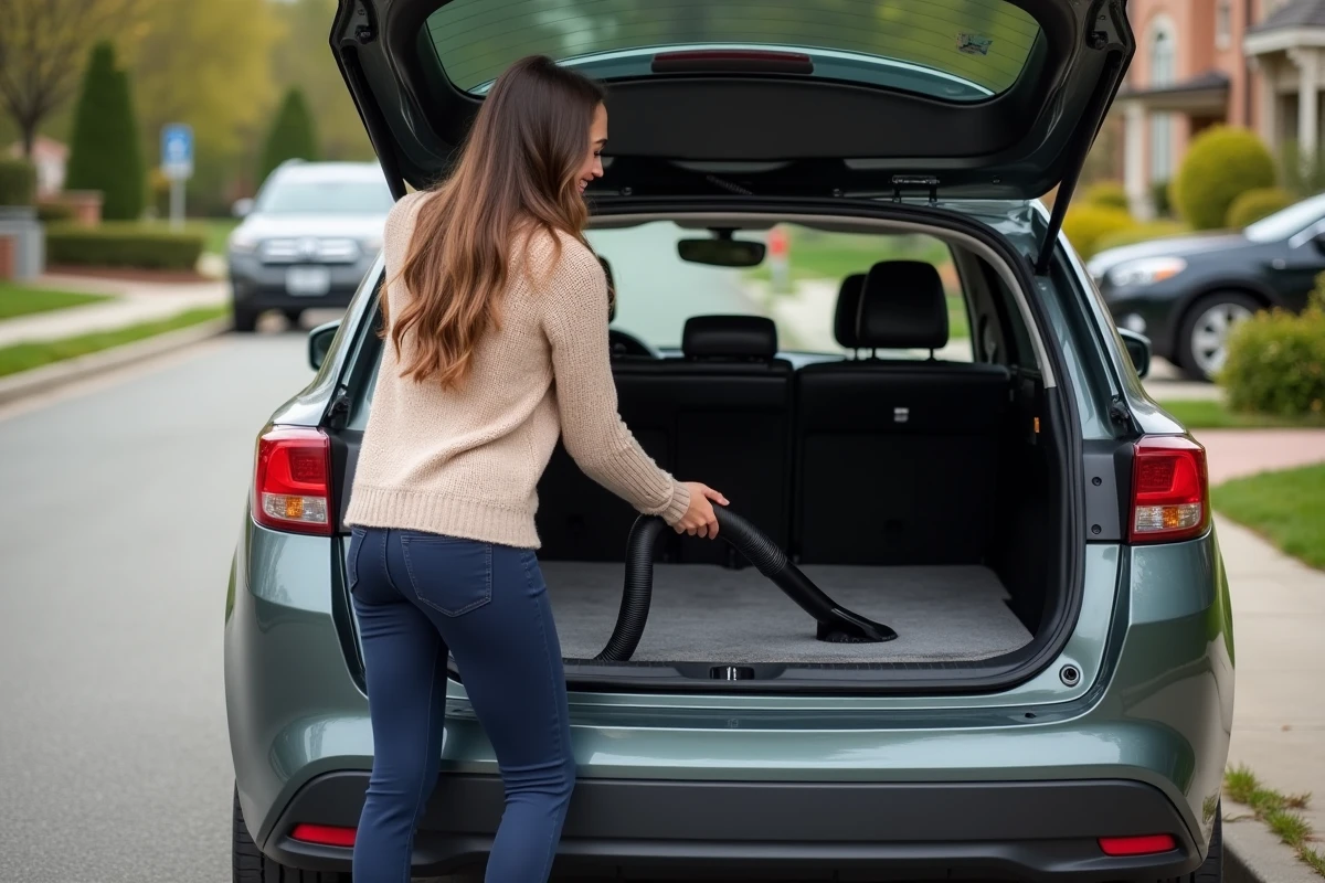 Jeune femme aspirant le coffre de sa voiture en extérieur