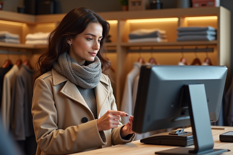 Femme en manteau considerant un paiement en magasin