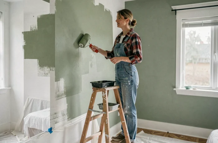 Femme peignant un mur en vert sauge dans une chambre en cours de rénovation
