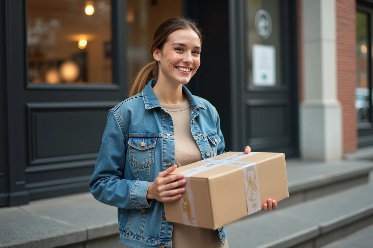 Femme tenant un colis dans un point de retrait urbain