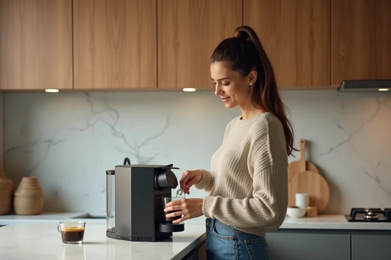 Femme préparant un café dans une cuisine moderne et chaleureuse
