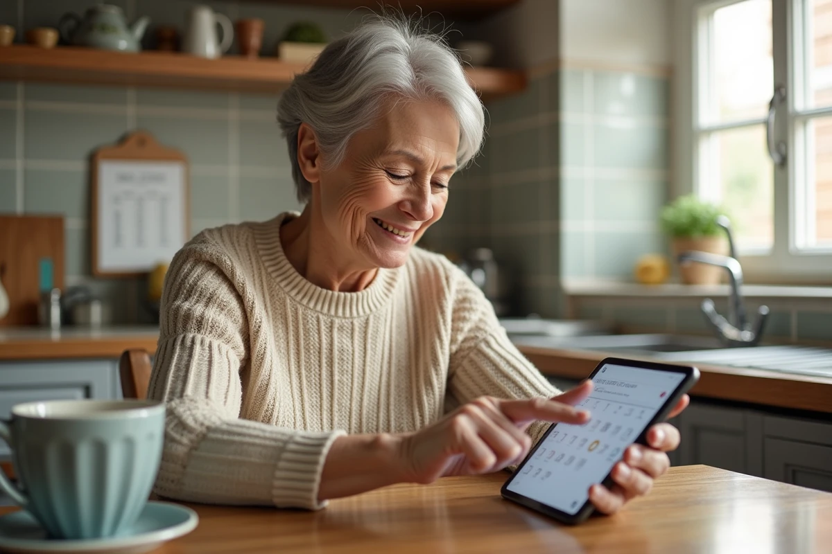 Femme âgée utilisant une tablette dans la cuisine