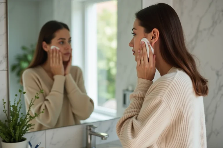 Femme appliquant une creme visage dans une salle de bain moderne