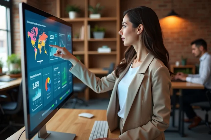 Femme professionnelle consultant un tableau de bord d'investissement sur écran tactile dans un espace de coworking