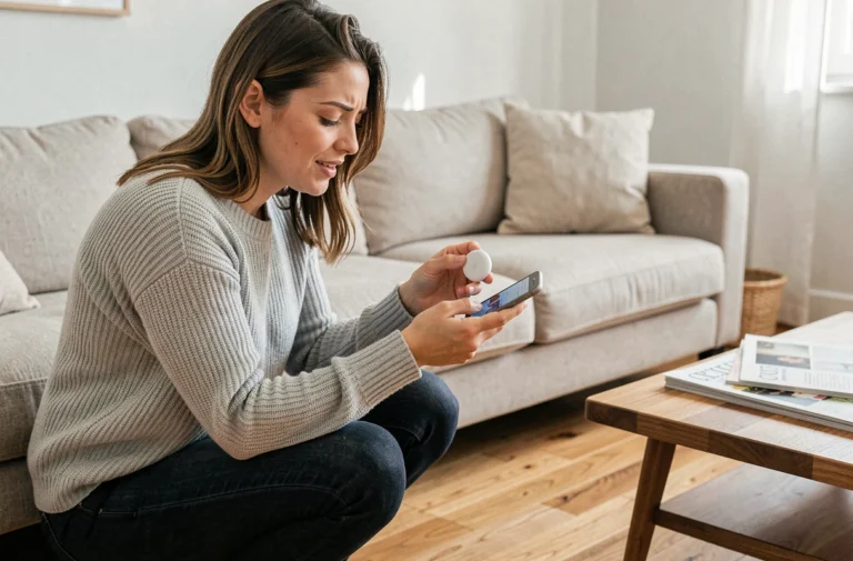 Femme retrouvant un objet perdu grâce à un traceur Bluetooth RabbitFinder dans son salon