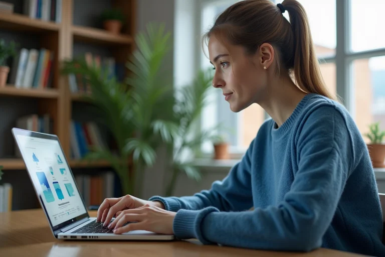 Jeune femme concentrée travaillant sur son ordinateur dans un bureau moderne