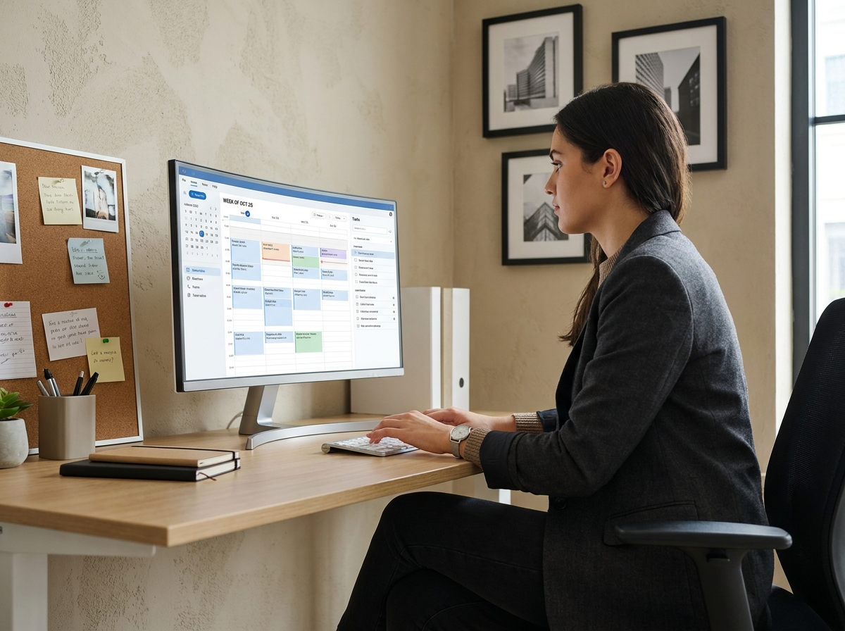 Jeune femme travaillant sur un ordinateur dans un bureau organisé