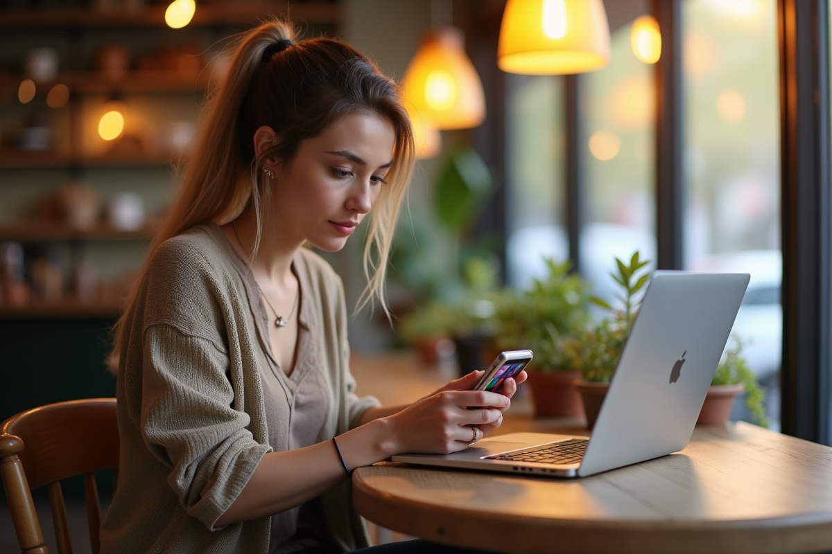 Femme curieuse utilisant un ordinateur et smartphone dans un café