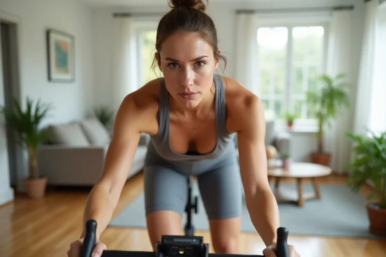 Femme en tenue de sport pédalant sur un vélo d'appartement lumineux