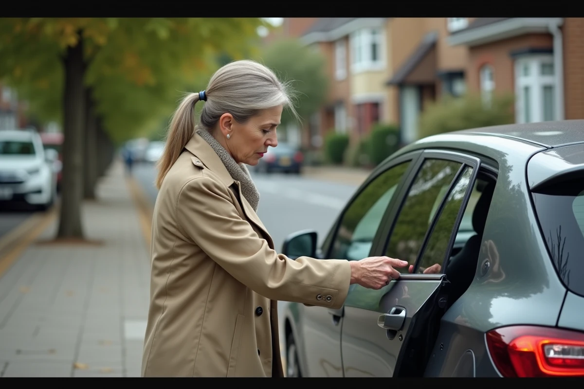 Femme inquiète inspectant une porte de voiture endommagée