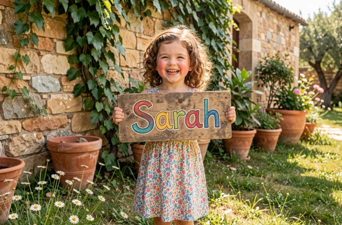 Petite fille souriante tenant une pancarte en bois peint avec le prénom Sarah dans un jardin fleuri en plein air