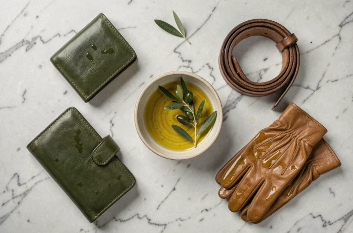 Flat lay d'accessoires en cuir traités à l'huile d'olive sur un marbre blanc, avec un rameau d'olivier et un bol d'huile dorée