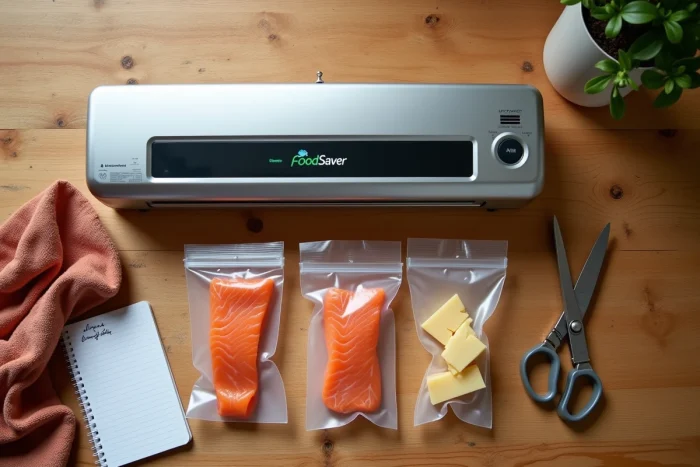 Vue de dessus d'un FoodSaver V2860 avec accessoires, sachets sous vide et aliments conservés sur une table en bois