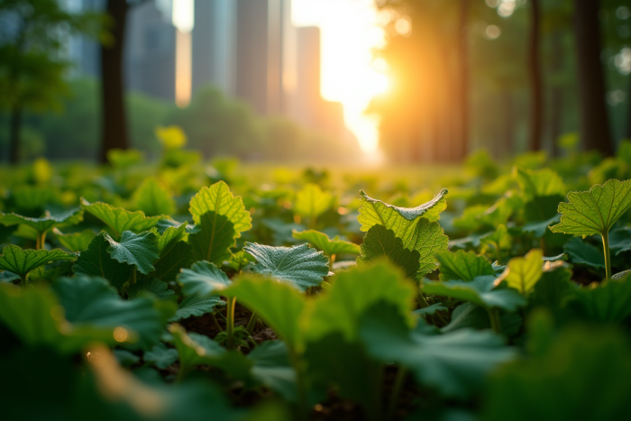 Forêt urbaine au lever du soleil avec feuillage vert