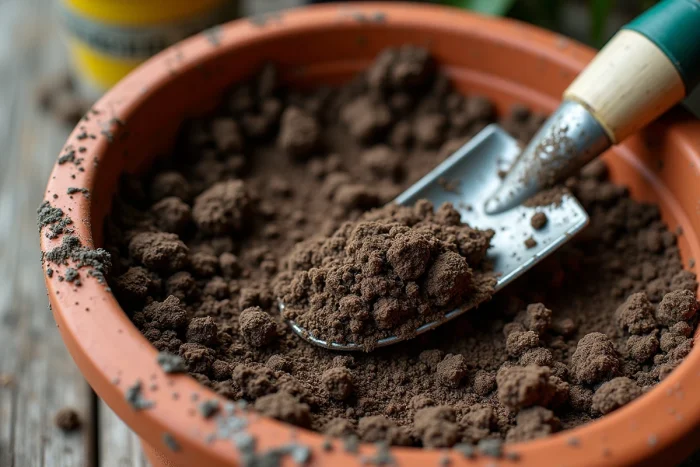 Gros plan sur un terreau périmé avec moisissures blanches, texture sèche et grumeaux visibles sur le bord d'un pot en terre cuite