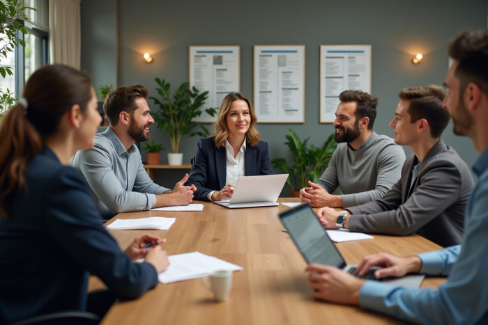 Groupe d'employés en réunion dans un espace moderne