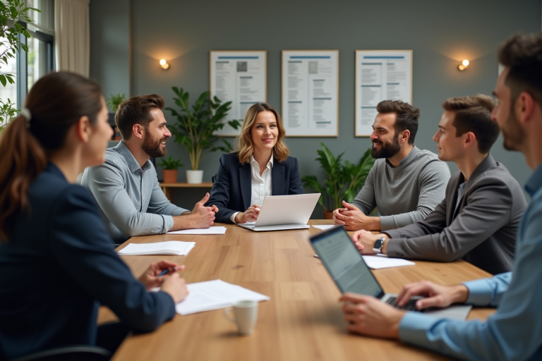 Groupe d'employés en réunion dans un espace moderne