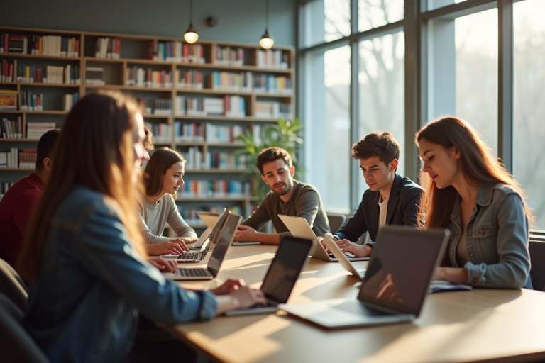 Groupe d'étudiants internationaux dans une bibliothèque lumineuse