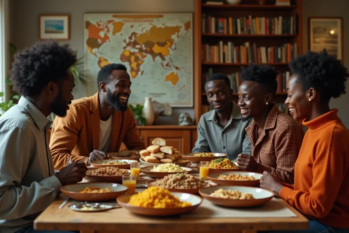Groupe multiculturel partageant un repas de plats du monde entier autour d'une table familiale représentant la diaspora