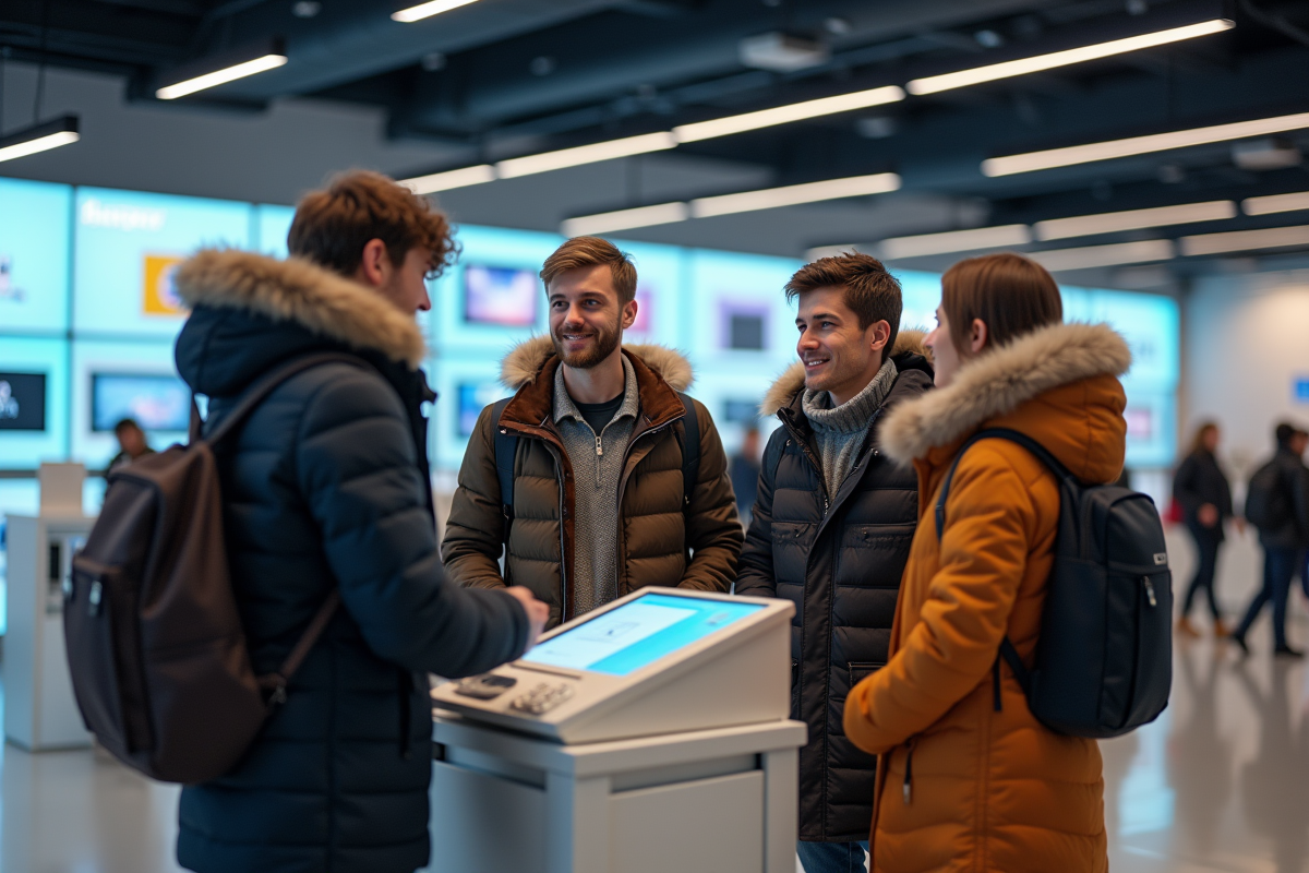 Groupe de jeunes autour d un kiosk de paiement en magasin