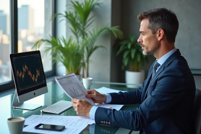 Homme d'affaires analysant des graphiques boursiers et tendances financières 2024 dans un bureau moderne