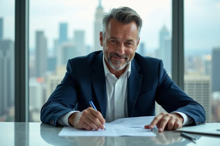 Homme d'affaires en costume bleu dans un bureau moderne