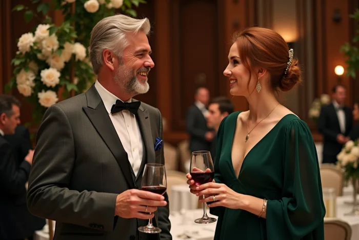 Un homme élégant aux cheveux argentés souriant à une femme lors d'une réception mondaine, signe d'intérêt romantique discret chez un homme plus âgé