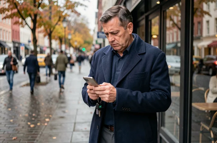 Homme utilisant une application de recherche d'objets perdus RabbitFinder dans la rue avec ses clés équipées d'un traceur
