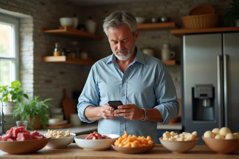 Homme d'âge moyen lisant une liste sur son smartphone dans la cuisine