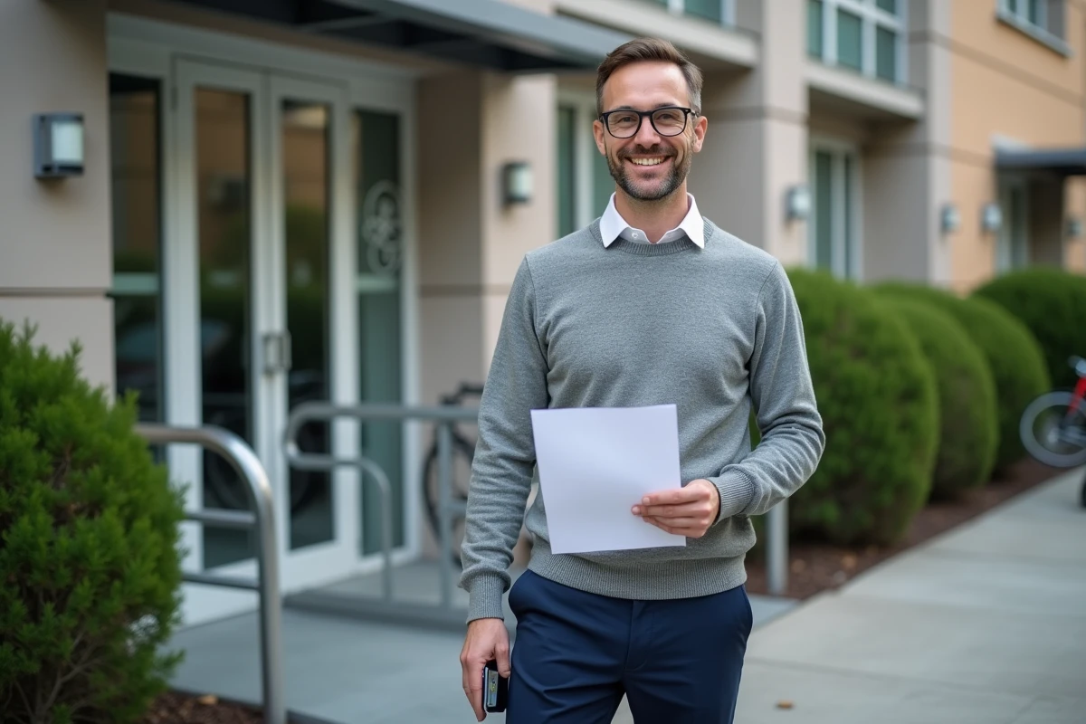 Homme dehors tenant une lettre devant un bureau local