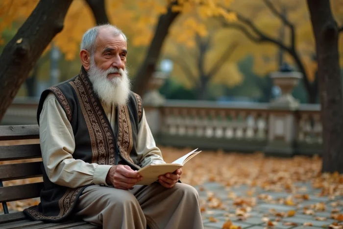 Vieil homme de la diaspora moyen-orientale lisant une lettre dans un jardin européen en automne, expression mélancolique