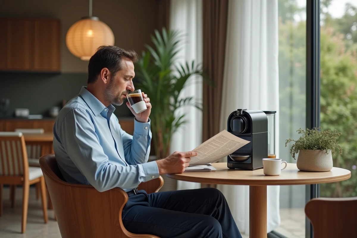 Homme lisant un journal en buvant un café dans un intérieur élégant