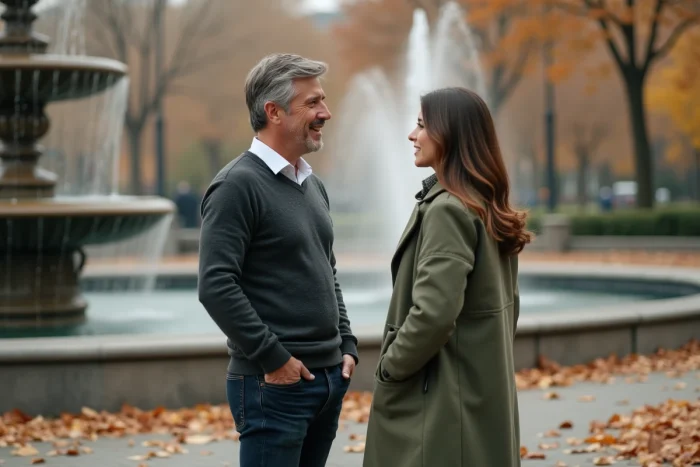 Un homme dans la cinquantaine au regard attentif face à une jeune femme dans un parc en automne, illustrant les signes non verbaux d'attirance