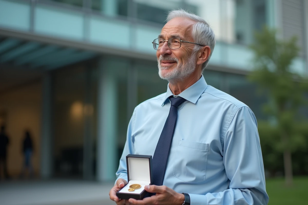 Homme avec médaille en extérieur devant bâtiment moderne