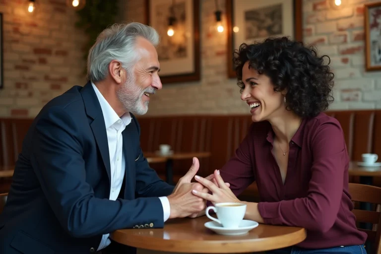 Un homme mûr aux cheveux poivre et sel penché vers une jeune femme dans un café parisien, signe d'attirance et d'intérêt sincère