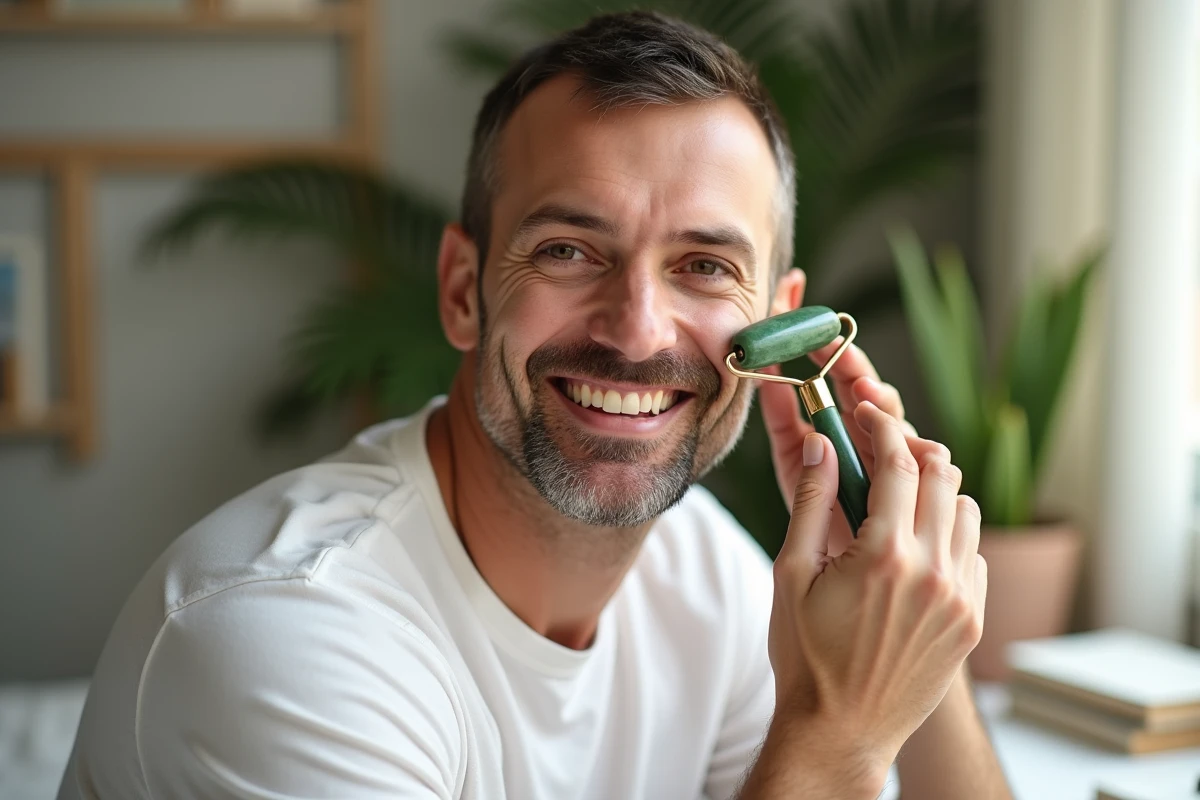 Homme utilisant un rouleau de jade pour son soin visage dans une chambre lumineuse