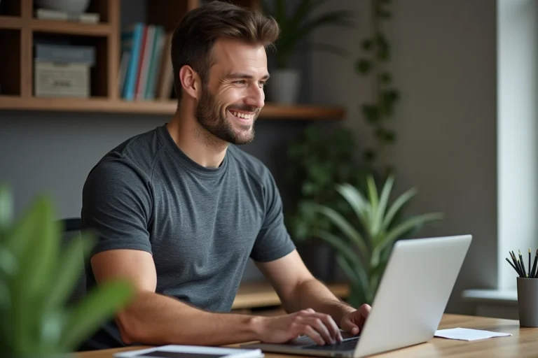 Homme souriant travaillant à un bureau moderne à domicile
