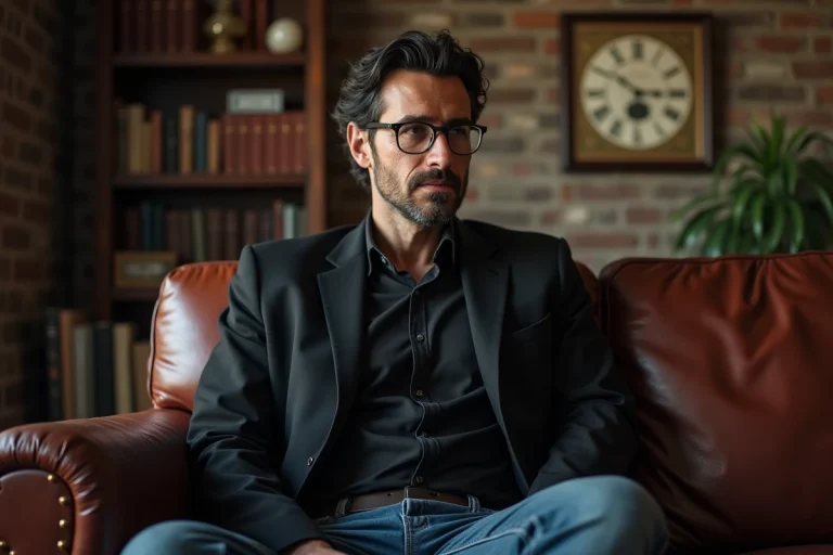 Homme en noir assis dans un salon vintage intérieur
