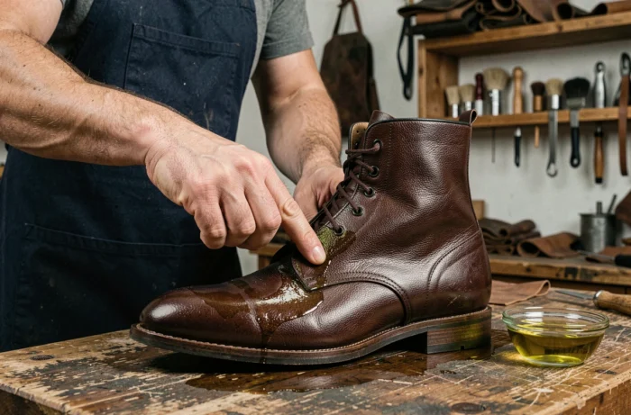 Artisan appliquant de l'huile d'olive sur une botte en cuir usée dans un atelier de cordonnerie