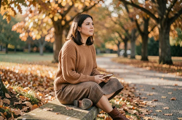 Jeune femme stylée en tenue d'automne assise dans un parc avec des feuilles dorées, inspirations mode saisonnière