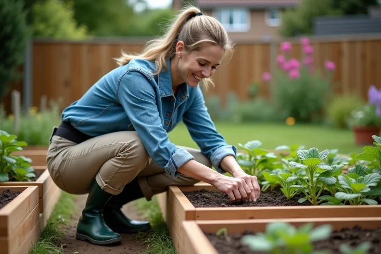 Femme jardinant dans un potager en plein air